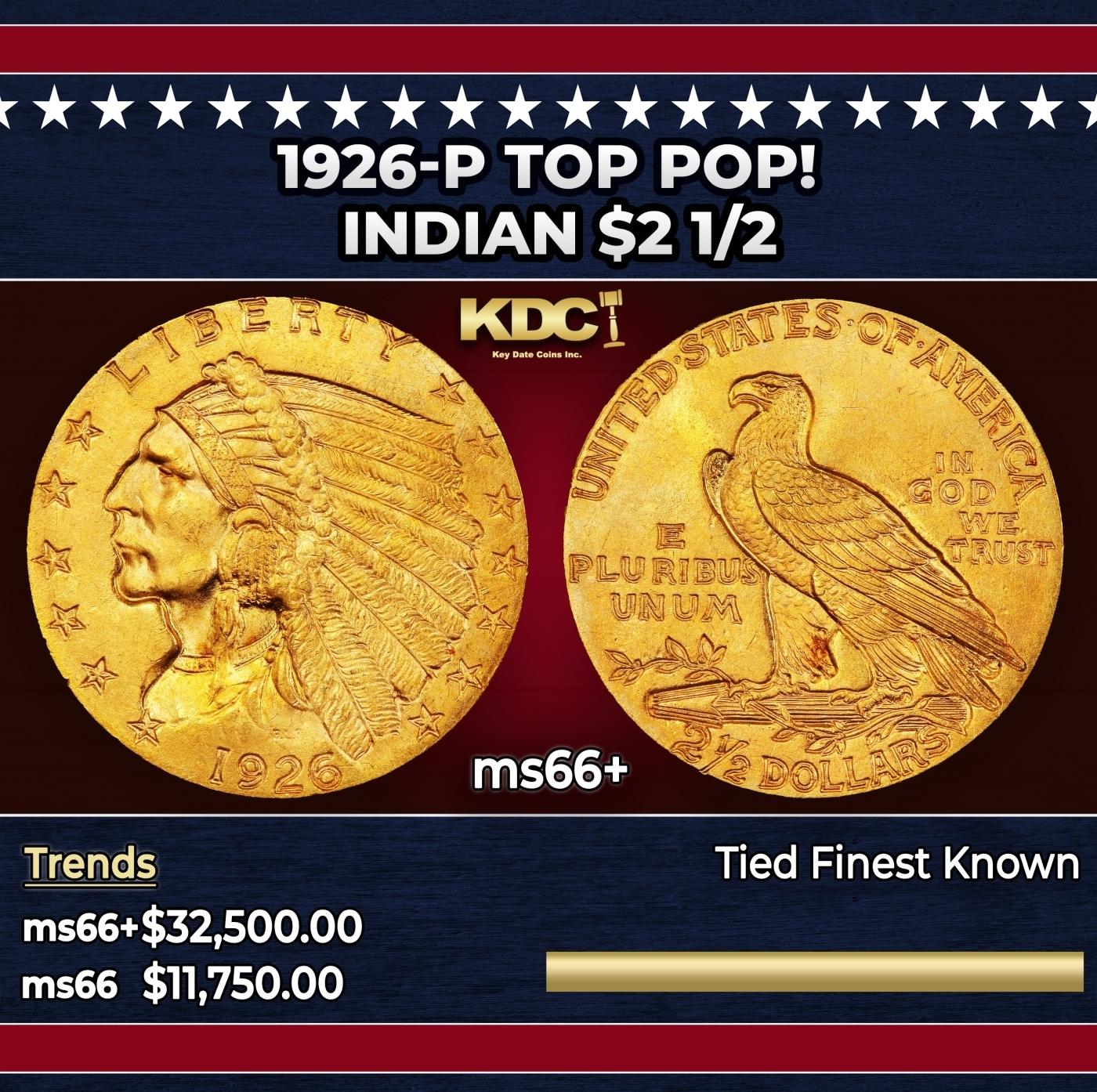1926-p Gold Indian Quarter Eagle TOP POP! $2 1/2 ms66+ USCG