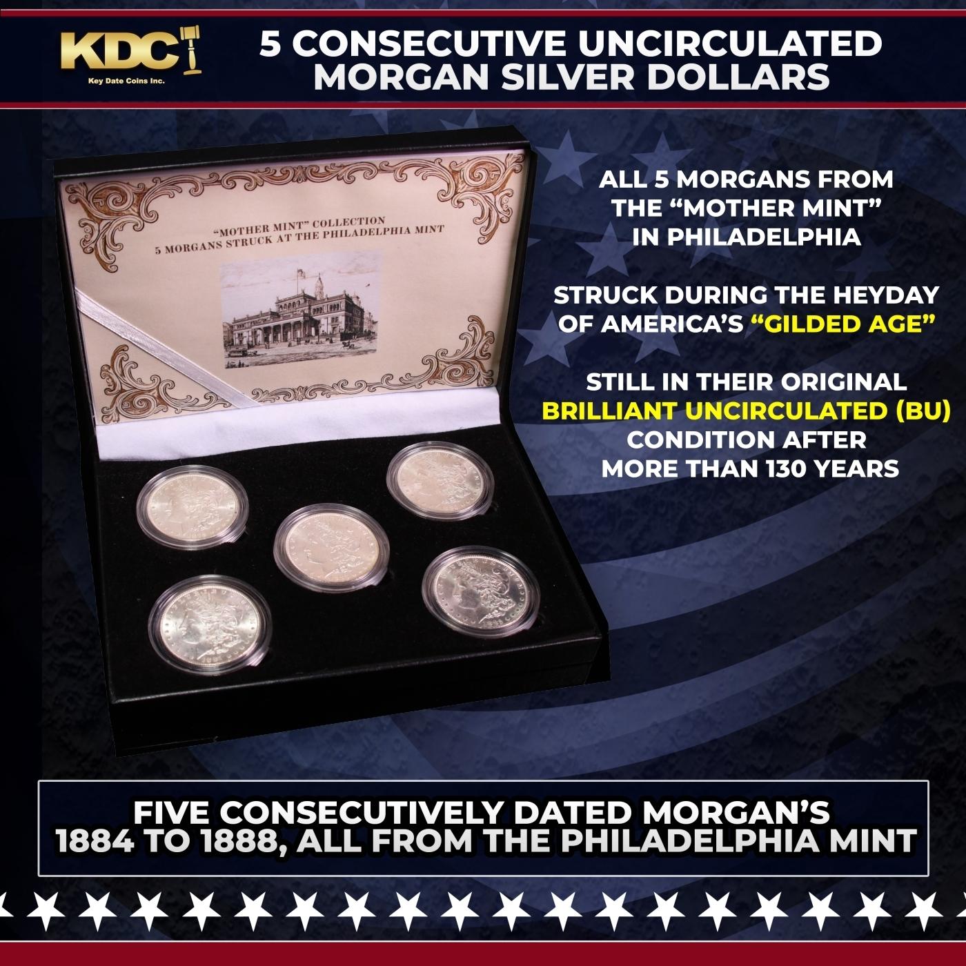 5x Coin Consecutive MORGAN Set 1884-1888-p ALL UNC, 5 Morgan Dollars From Philly