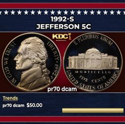 1992-s Proof Jefferson Nickel 5c pr70 dcam SEGS