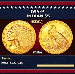 1914-p Gold Indian Half Eagle $5 ms64 USCG