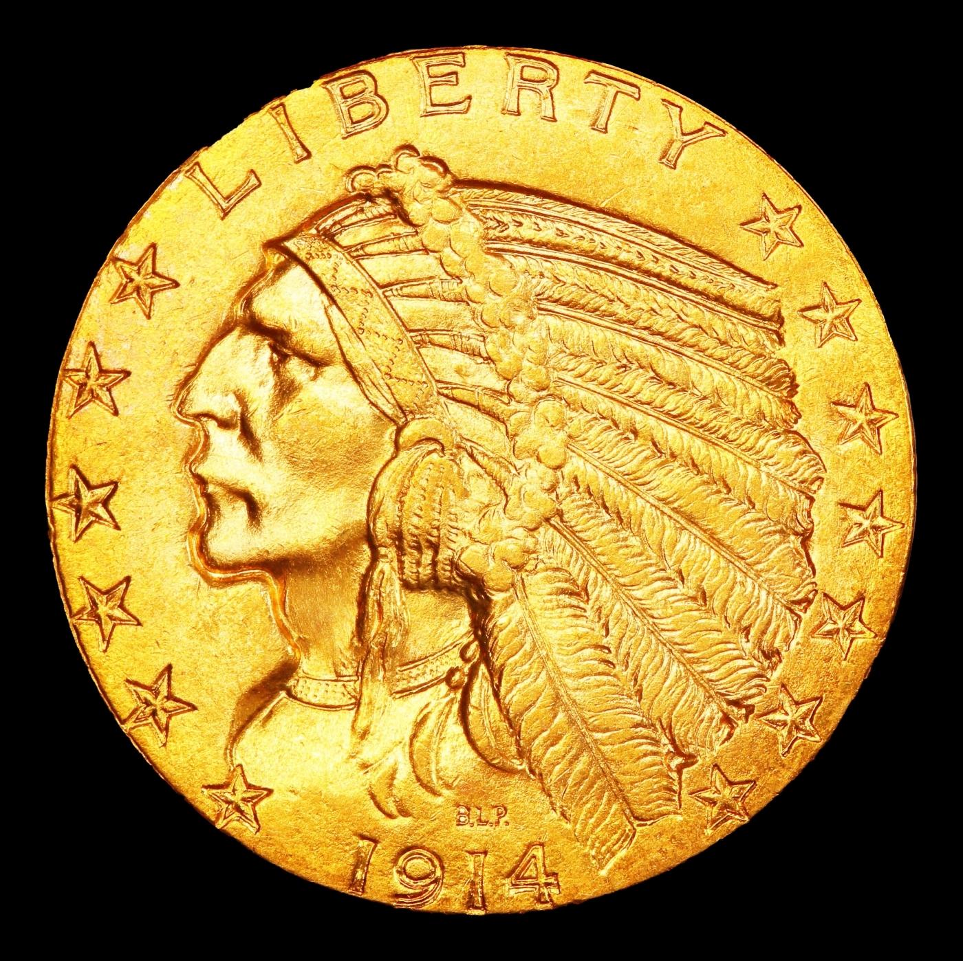 1914-p Gold Indian Half Eagle $5 ms64 USCG