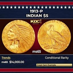 1913-p Gold Indian Half Eagle $5 ms65 USCG