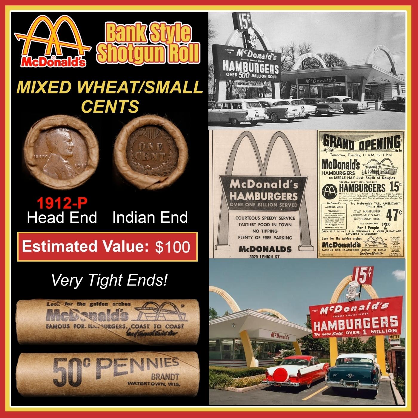 Lincoln Wheat Cent 1c Mixed Roll Orig Brandt McDonalds Wrapper, 1912-p end, Indian other end