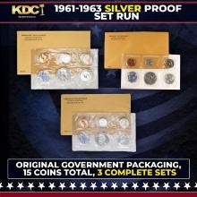 1961, 1962 & 1963 Silver Proof Sets 15 Coins In Original Government Packaging Manilla Envelope