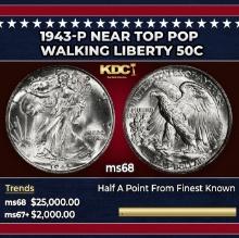1943-p Walking Liberty Half Dollar Near Top Pop 50c ms68 SEGS