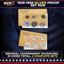 1958 & 1959 Silver Proof Sets 10 Coins In Original Government Packaging Manilla Envelope