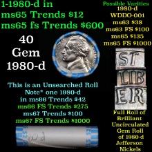 BU Shotgun Jefferson 5c roll, 1980-d 40 pcs Bank $2 Nickel Wrapper