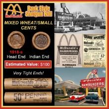 Lincoln Wheat Cent 1c Mixed Roll Orig Brandt McDonalds Wrapper, 1918-s end, Indian other end