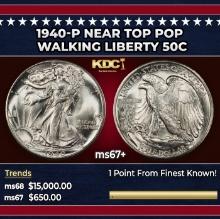 1940-p Walking Liberty Half Dollar Near Top Pop 50c ms67+ SEGS