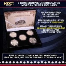 5x Coin Consecutive MORGAN Set 1884-1888-p ALL UNC, 5 Morgan Dollars From Philly