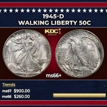 1945-d Walking Liberty Half Dollar 50c ms66+ SEGS