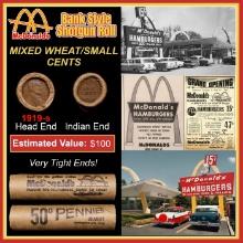 Lincoln Wheat Cent 1c Mixed Roll Orig Brandt McDonalds Wrapper, 1919-s end, Indian other end