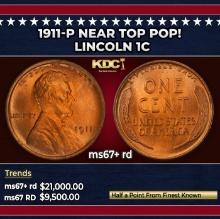 1911-p Lincoln Cent Near Top Pop! 1c ms67+ rd SEGS