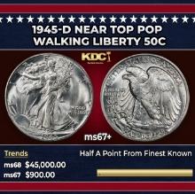 1945-d Walking Liberty Half Dollar Near Top Pop 50c ms67+ SEGS