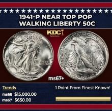 1941-p Walking Liberty Half Dollar Near Top Pop 50c ms67+ SEGS