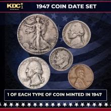 1947 5 Coin Date Set, 1 Of Each Type Of Coin Minted in 1947
