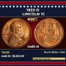 1922-d Lincoln Cent 1c ms65 rd SEGS