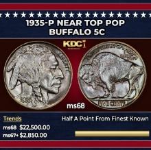 1935-p Buffalo Nickel Near Top Pop 5c ms68 SEGS