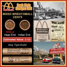 Lincoln Wheat Cent 1c Mixed Roll Orig Brandt McDonalds Wrapper, 1918-d end, Indian other end