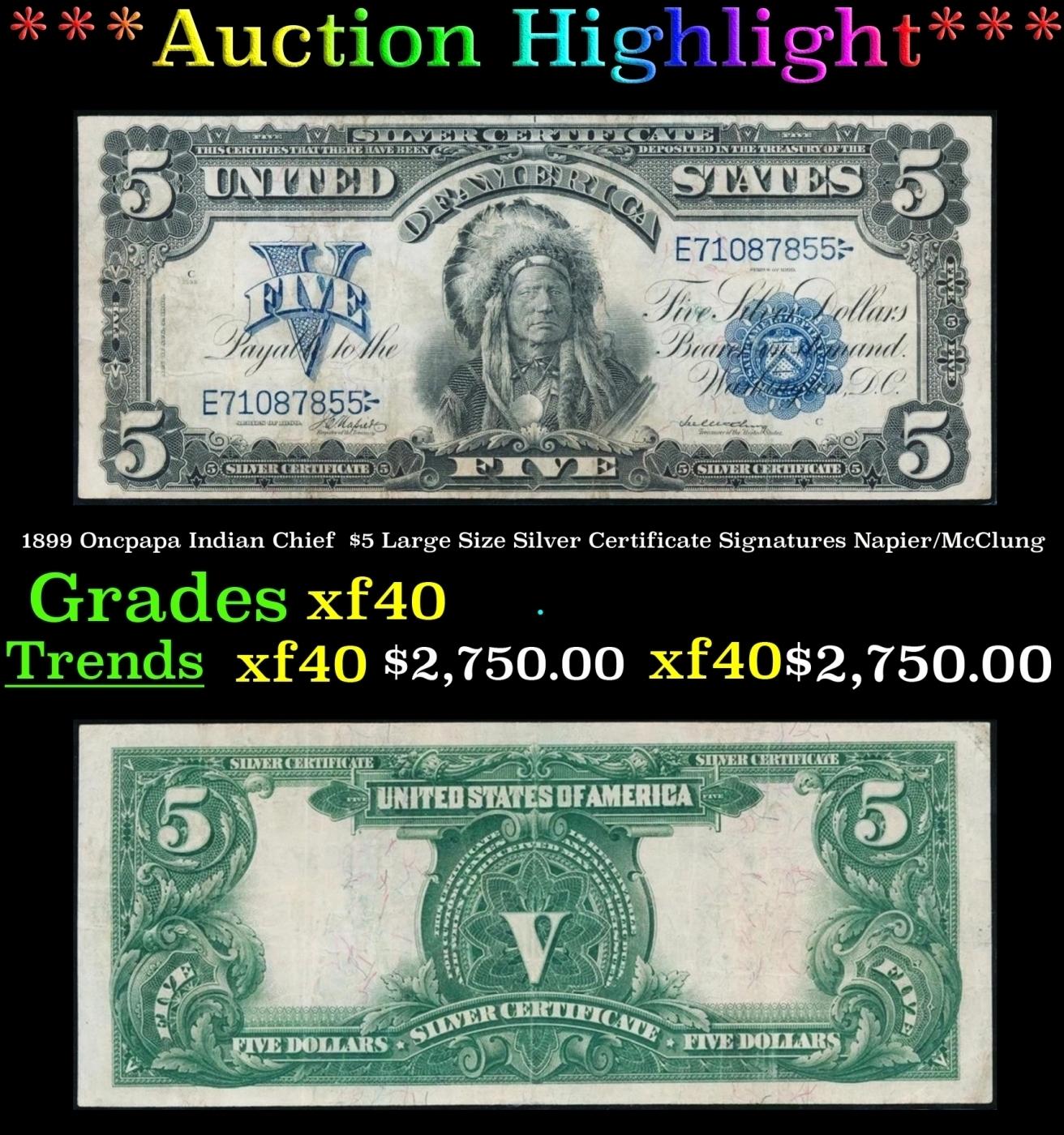 1899 $5 Large Size Silver Certificate Oncpapa Indian Chief  Grades xf Signatures Napier/McClung
