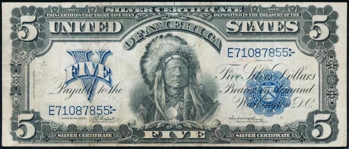 1899 $5 Large Size Silver Certificate Oncpapa Indian Chief  Grades xf Signatures Napier/McClung