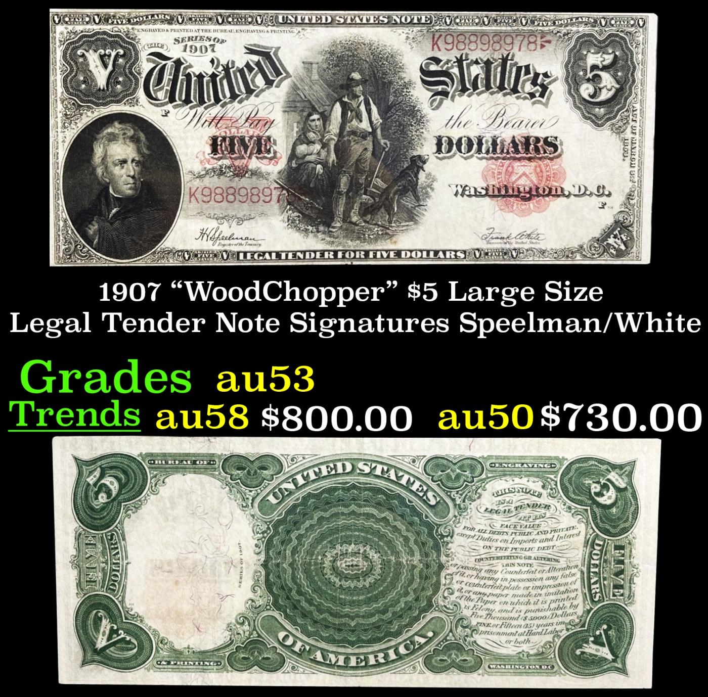 1907 $5 Large Size Legal Tender Note "WoodChopper" Grades Select AU Signatures Speelman/White