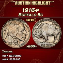 1916-p Buffalo Nickel 5c ms66+ SEGS