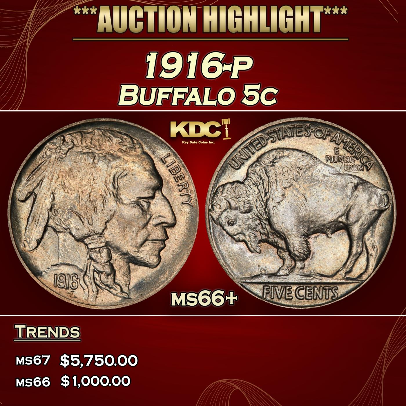 1916-p Buffalo Nickel 5c ms66+ SEGS