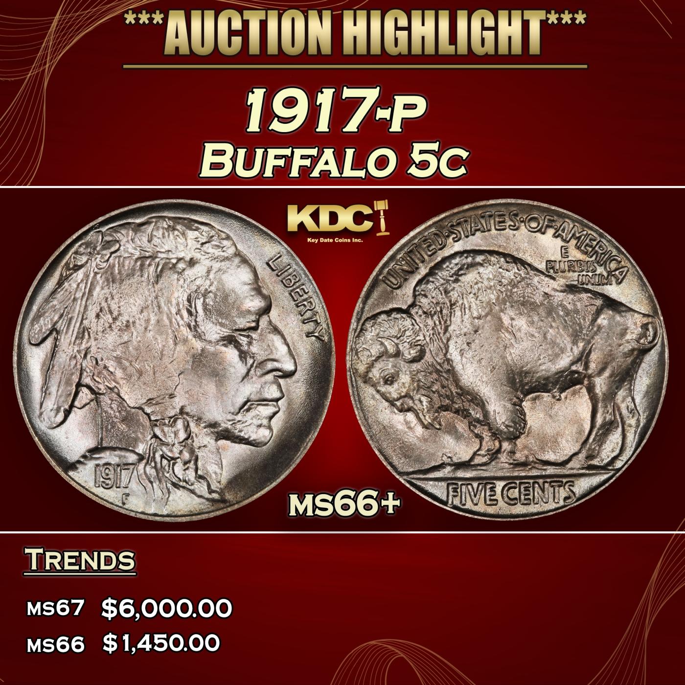 1917-p Buffalo Nickel 5c ms66+ SEGS
