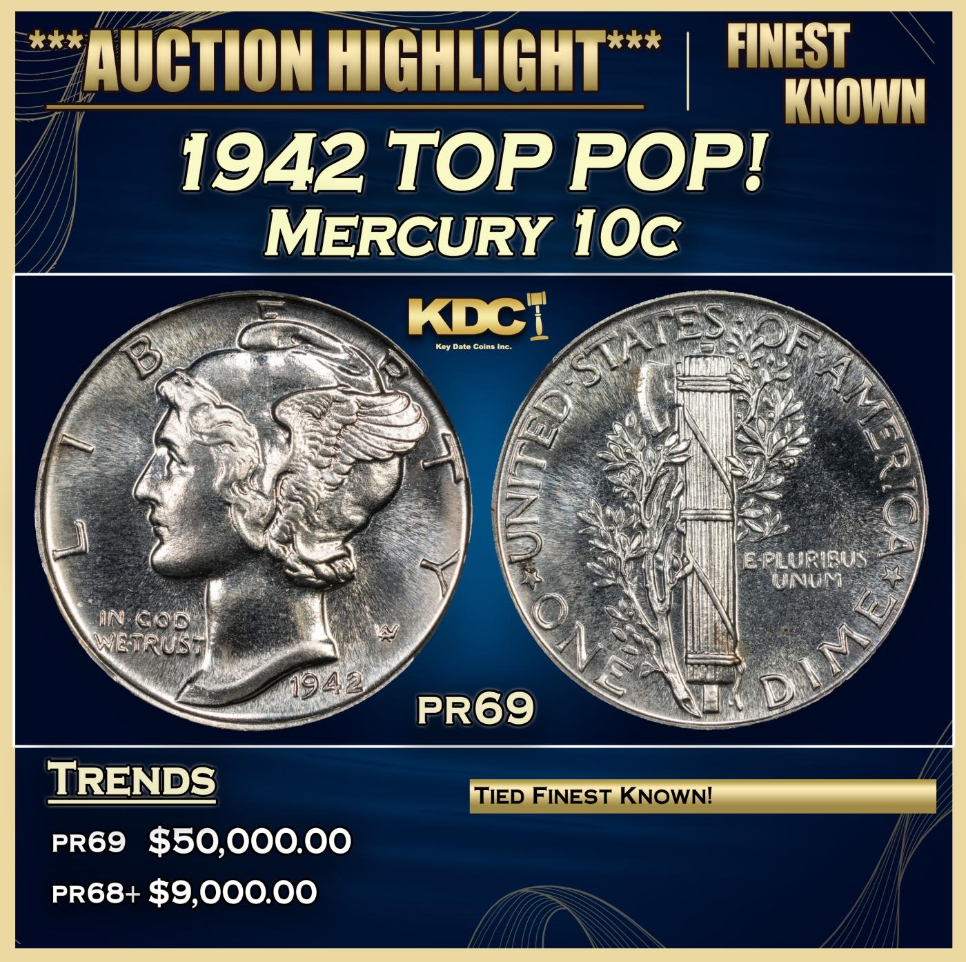 1942 Proof Mercury Dime TOP POP! 10c pr69 SEGS