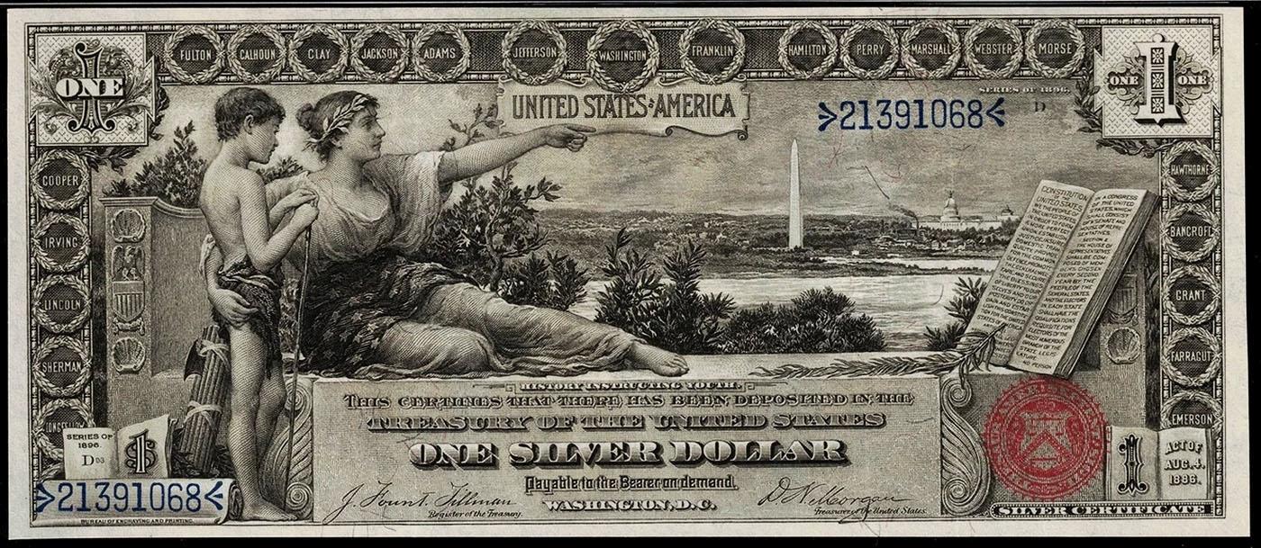 1896 $1 large size Silver Certificate Martha & George Washington "Educational Series" Grades Choice