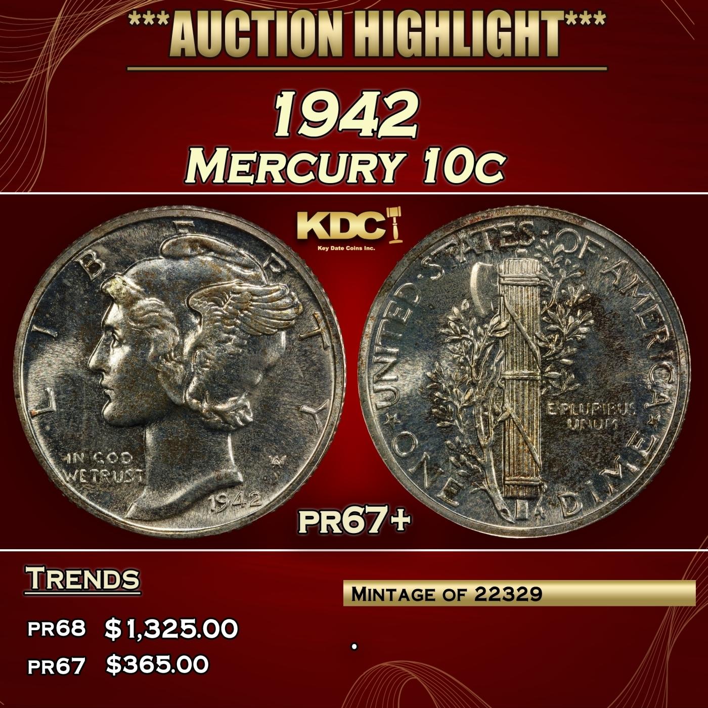 1942 Proof Mercury Dime 10c pr67+ SEGS