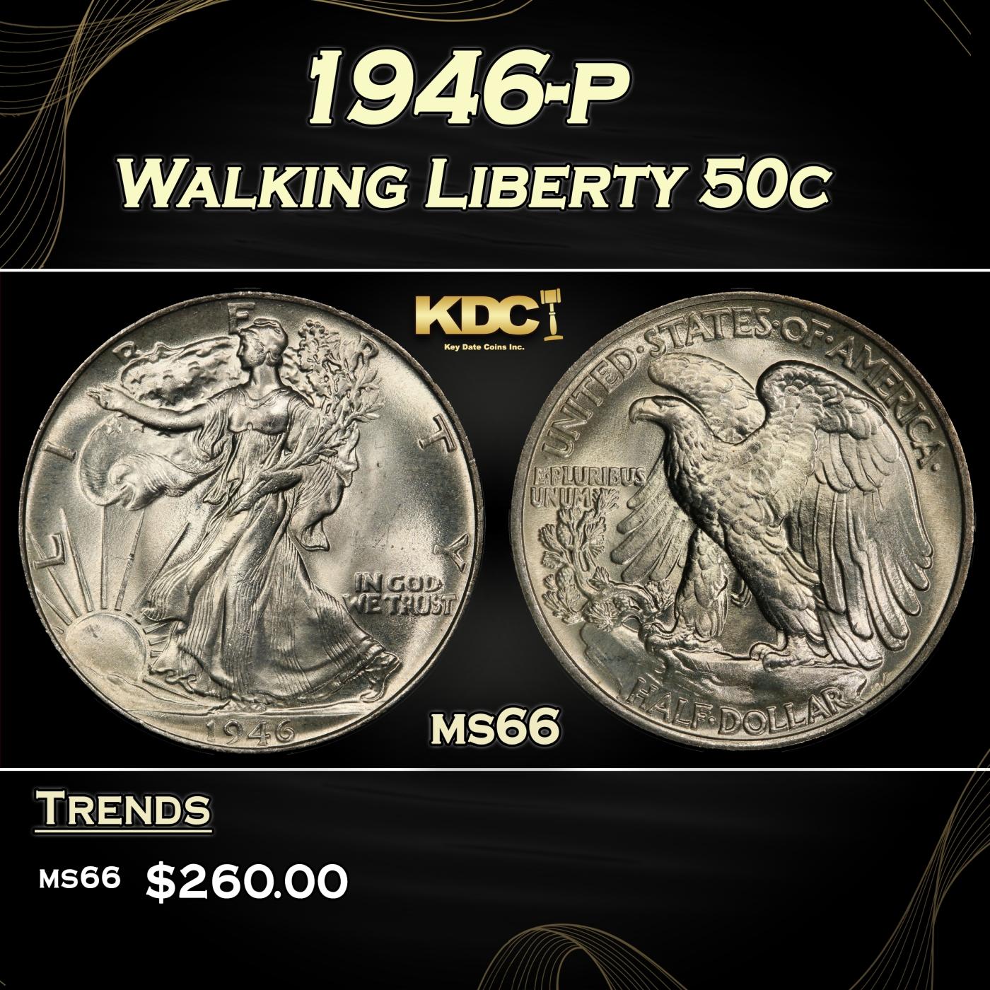 1946-p Walking Liberty Half Dollar 50c Grades ms66