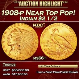 1908-p Gold Indian Quarter Eagle Near Top Pop! $2 1/2 ms66+ USCG
