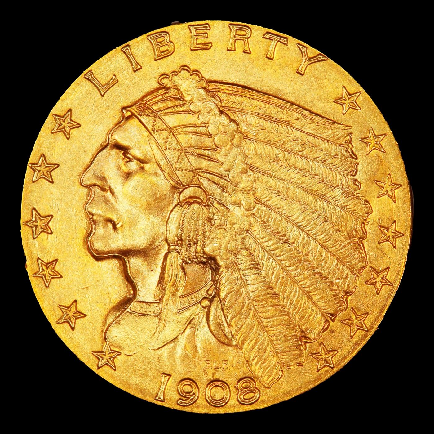 1908-p Gold Indian Quarter Eagle Near Top Pop! $2 1/2 ms66+ USCG