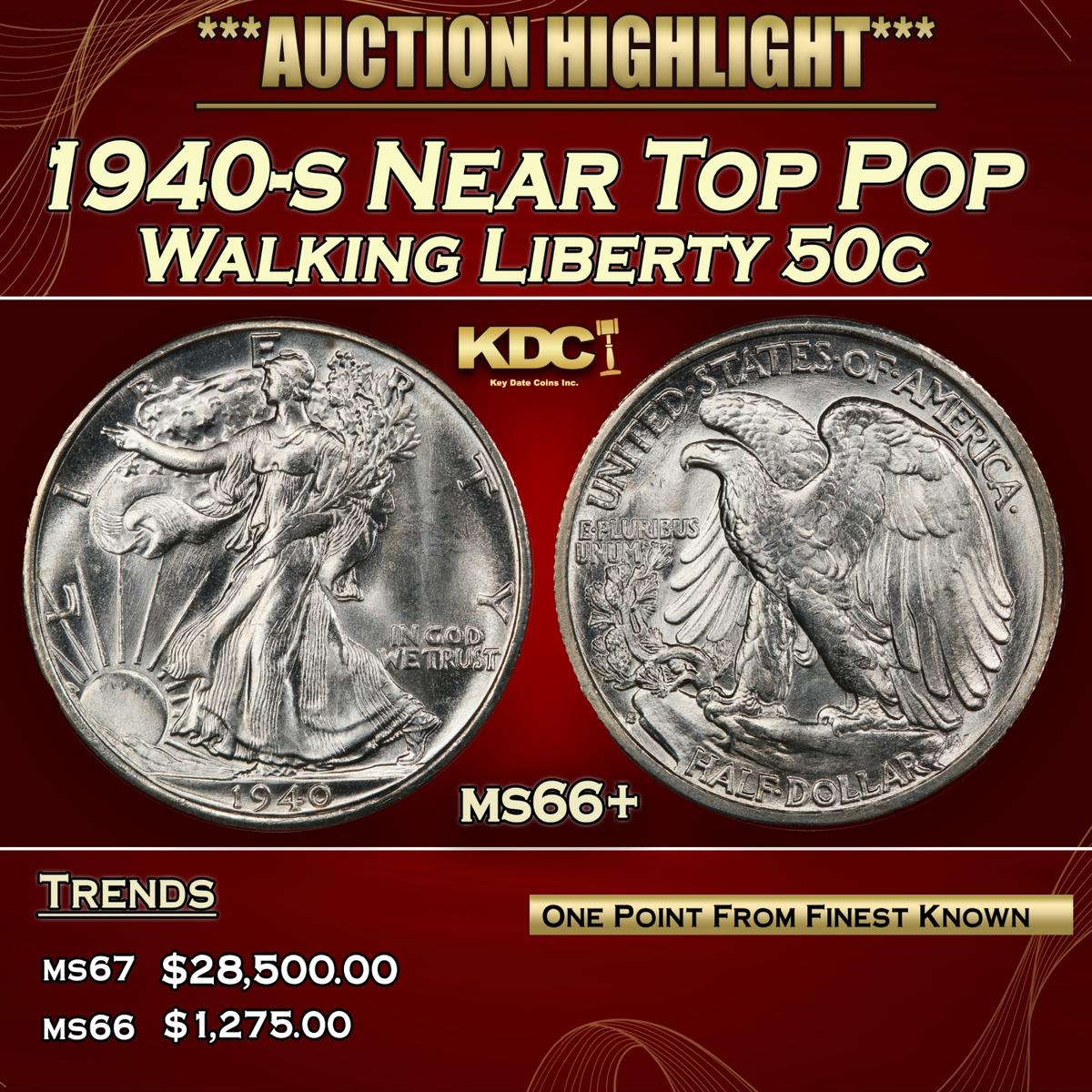1940-s Walking Liberty Half Dollar Near Top Pop 50c ms66+ SEGS