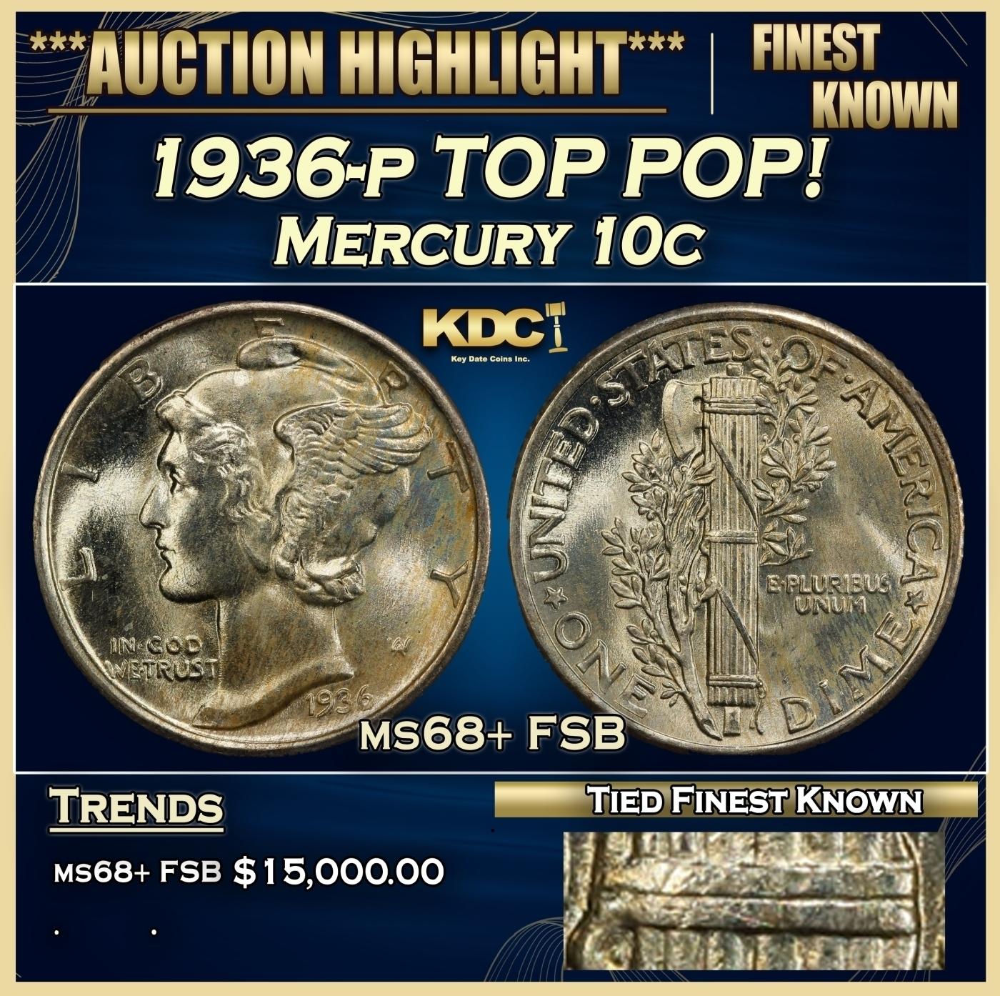 1936-p Mercury Dime TOP POP! 10c ms68+ FSB SEGS