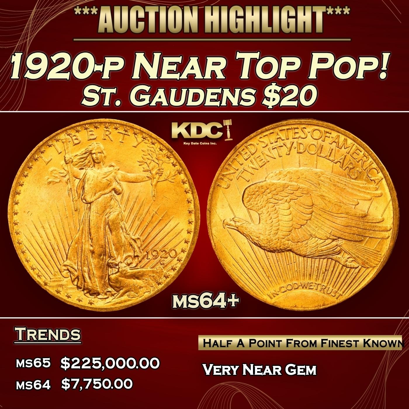 1920-p Gold St. Gaudens Double Eagle Near Top Pop! $20 ms64+ SEGS