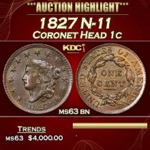 1827 Coronet Head Large Cent N-11 1c ms63 bn USCG