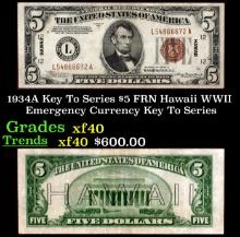 1934A $5 FRN Hawaii WWII Emergency Currency Key To Series Key To Series Grades xf