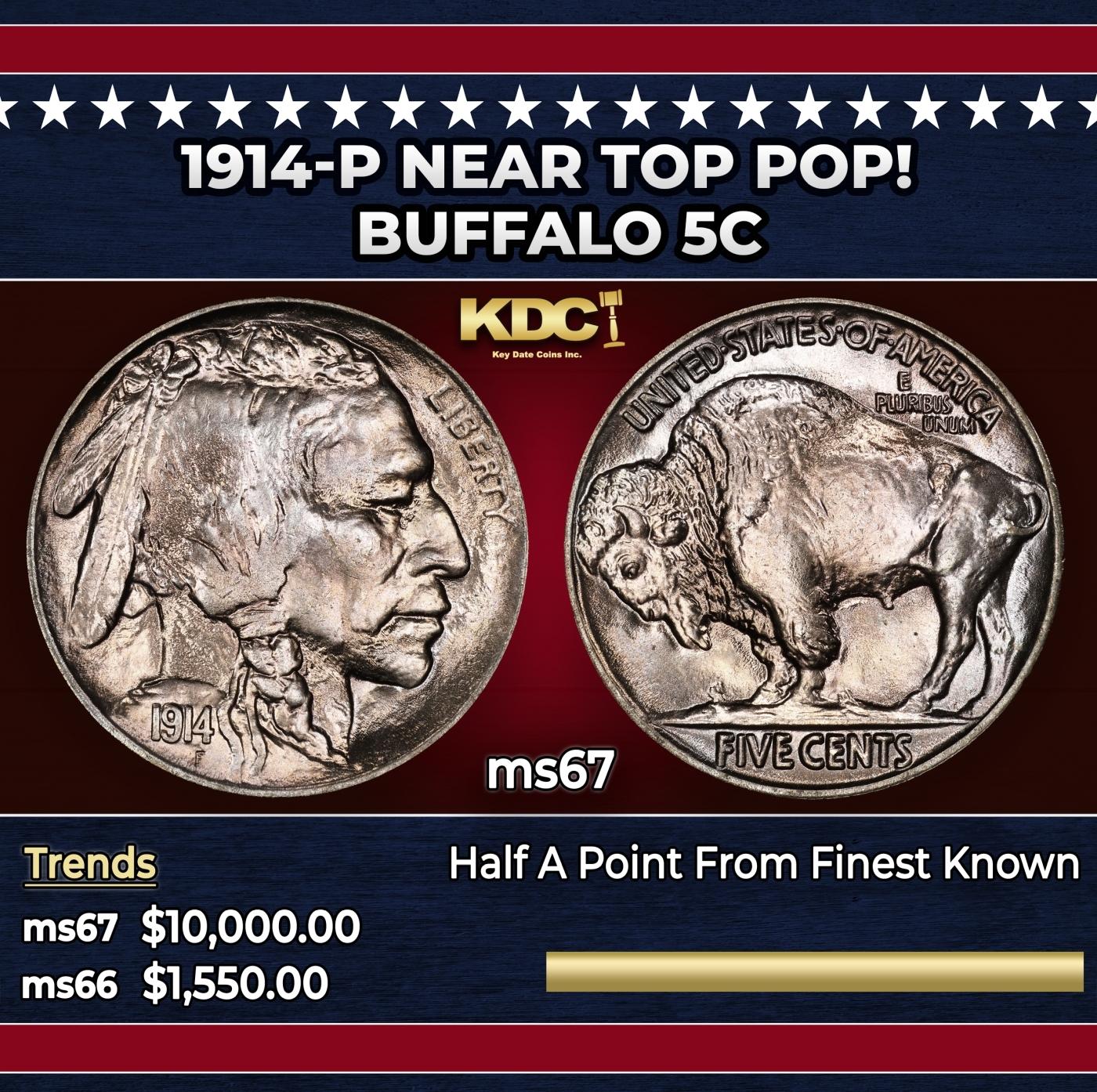 1914-p Buffalo Nickel Near Top Pop! 5c ms67 SEGS