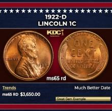 1922-d Lincoln Cent 1c ms65 rd SEGS