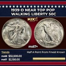 1939-d Walking Liberty Half Dollar Near Top Pop 50c ms67+ SEGS