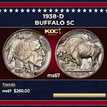 1938-d Buffalo Nickel 5c ms67 SEGS