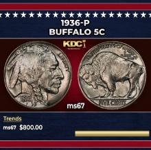 1936-p Buffalo Nickel 5c ms67 SEGS