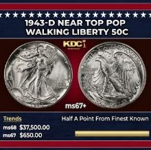 1943-d Walking Liberty Half Dollar Near Top Pop 50c ms67+ SEGS