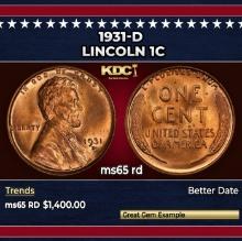 1931-d Lincoln Cent 1c ms65 rd SEGS