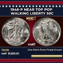1946-p Walking Liberty Half Dollar Near Top Pop 50c ms67 SEGS