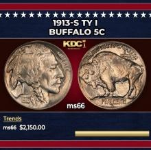 1913-s Ty I Buffalo Nickel 5c ms66 SEGS