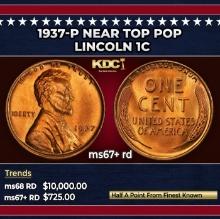 1937-p Lincoln Cent Near Top Pop 1c ms67+ rd SEGS